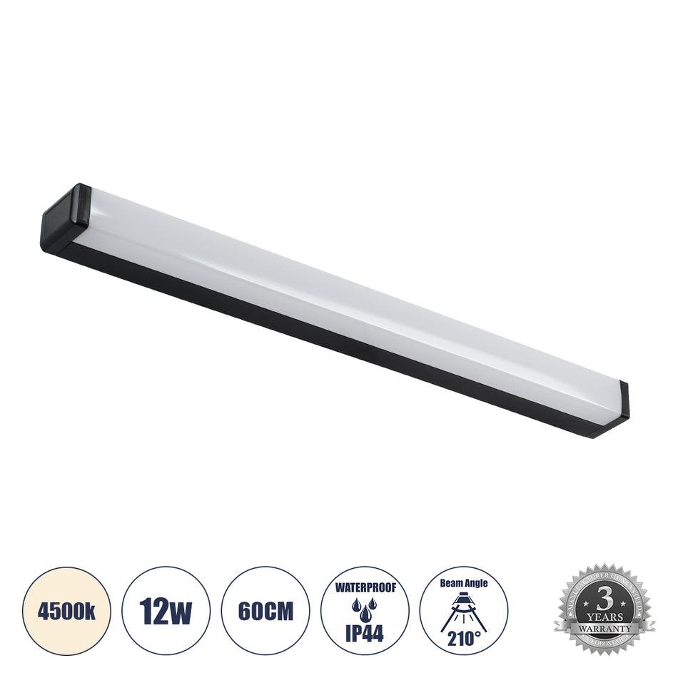 GLOBOSTAR® RENATA 60440 Μοντέρνο Φωτιστικό Τοίχου - Απλίκα Καθρέπτη Μπάνιου LED 12W 1400lm 180° AC 220-240V IP44 Φυσικό Λευκό 4500K - Lumileds SMD Chip & TÜV SÜD Driver - Μαύρο Ματ - Μ60 x Π4 x Υ5.5cm - 3 Χρόνια Εγγύηση