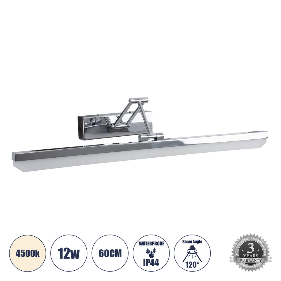 GLOBOSTAR® MARA 60447 Μοντέρνο Φωτιστικό Τοίχου - Απλίκα Καθρέπτη Μπάνιου LED 12W 1400lm 120° AC 220-240V IP44 Φυσικό Λευκό 4500K - Lumileds SMD Chip & TÜV SÜD Driver - Νίκελ Χρώμιο - Μ60 x Π15 x Υ13cm - 3 Χρόνια Εγγύηση