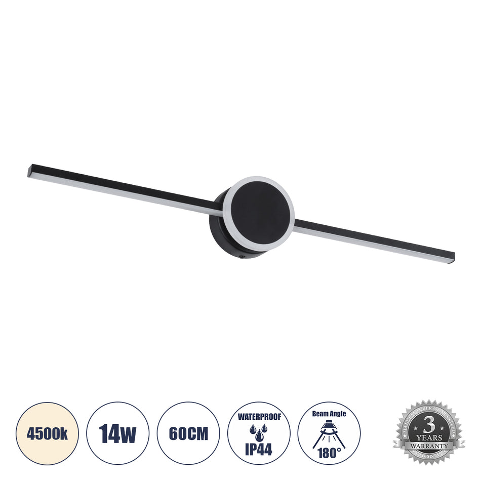 GLOBOSTAR® OPAL 60454 Μοντέρνο Φωτιστικό Τοίχου - Απλίκα Καθρέπτη Μπάνιου LED 14W 1600lm 180° AC 220-240V IP44 Φυσικό Λευκό 4500K - Lumileds SMD Chip & TÜV SÜD Driver - Μαύρο Ματ - Μ60 x Π6 x Υ10cm - 3 Χρόνια Εγγύηση