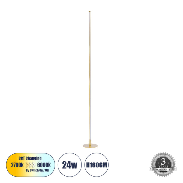 DALUMA 60472 Επιδαπέδιο Φωτιστικό LED CCT 24W 2640lm 200° AC 220-240V - Εναλλαγή Φωτισμού μέσω On/Off All In One Ψυχρό 6000k+Φυσικό 4500k+Θερμό 2700k Μ18 x Π18 x Υ160cm - Χρυσό - 3 Χρόνια Εγγύηση