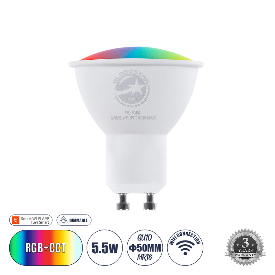 GLOBOSTAR® SMARTME 60487 Σποτ GU10 MR16 Smart Home WiFi με Λειτουργία μέσω Tuya APP LED 5.5W 550lm 120° AC 220-240V IP20 Πολύχρωμο RGBW+WW Dimmable - Bridgelux Chip - Μ5 x Π5 x Υ6.5cm - 3 Χρόνια Εγγύηση