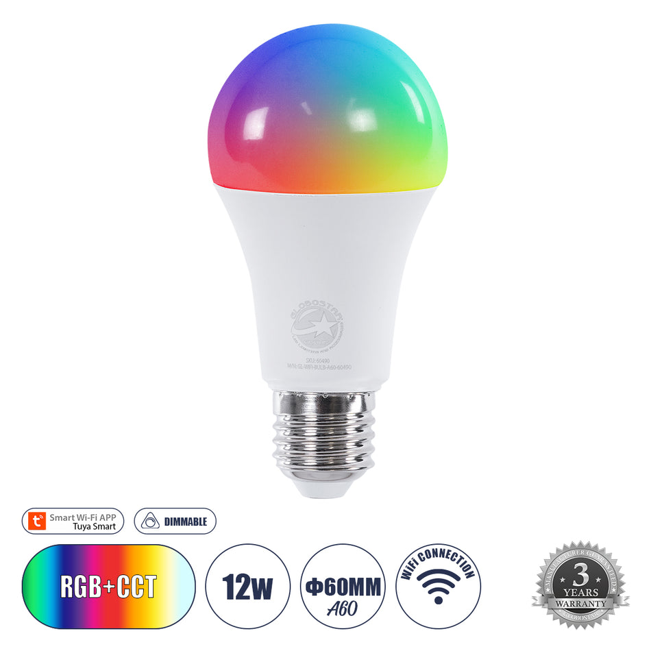 GLOBOSTAR® SMARTME 60490 Λάμπα E27 A60 Smart Home WiFi με Λειτουργία μέσω Tuya APP LED 12W 1200lm 260° AC 220-240V IP20 Πολύχρωμο RGBW+WW Dimmable - Bridgelux Chip - Μ6 x Π6 x Υ12cm - 3 Χρόνια Εγγύηση