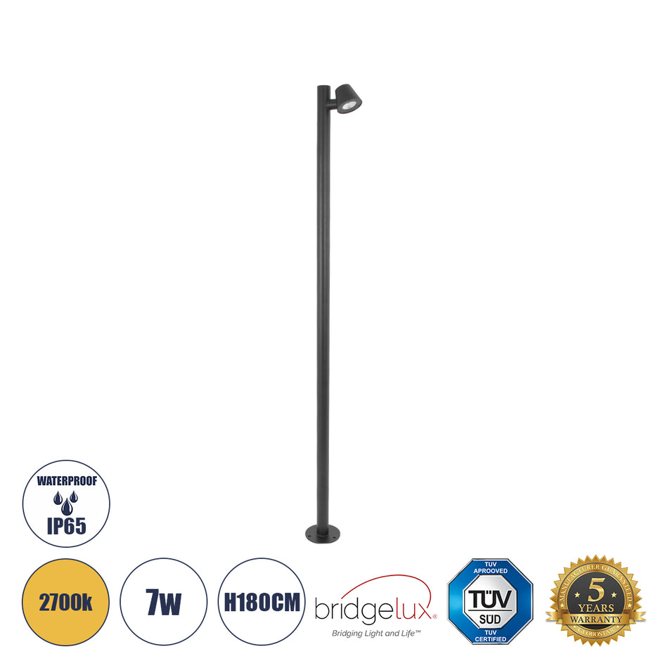 GloboStar® GARDENIA 60510 Φωτιστικό Κήπου - Πάρκου - Πλατείας - Κολωνάκι Αρχιτεκτονικού Φωτισμού Εξωτερικού Χώρου LED 7W 700lm 60° AC220-240V Αδιάβροχο IP65 - Σώμα Αλουμινίου & Tempered Glass - Μ15 x Π18 x Υ180cm - Θερμό Λευκό 2700K - Γκρι Ανθρακί - Br...