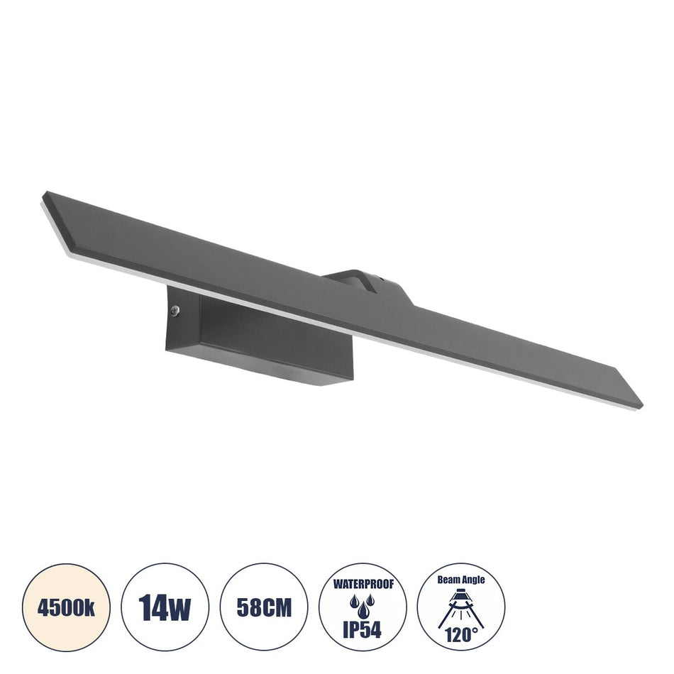 GLOBOSTAR® MIRROR 60516 Μοντέρνο Φωτιστικό Τοίχου - Απλίκα Καθρέπτη Μπάνιου LED 14W 1680lm 120° AC 220-240V IP54 Φυσικό Λευκό 4500K - Lumileds SMD Chip & TÜV SÜD Driver - Γκρι Ανθρακί Ματ - Μ58 x Π15 x Υ6cm - 2 Χρόνια Εγγύηση