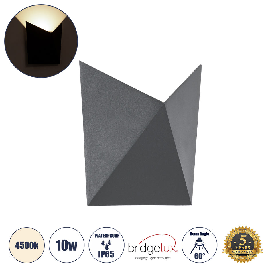 GLOBOSTAR® STEALTH 60522 Μοντέρνο Φωτιστικό Τοίχου - Απλίκα LED 10W 1100lm 60° AC 220-240V Αδιάβροχο IP65 Φυσικό Λευκό 4500K - Bridgelux COB Chip & TÜV SÜD Driver - Γκρι Ανθρακί Ματ - Μ17 x Π7.5 x Υ17cm - 5 Χρόνια Εγγύηση