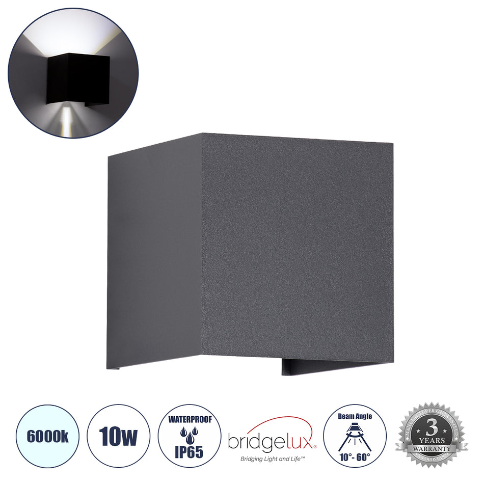 GLOBOSTAR® AXIS-S 60567 Μοντέρνο Φωτιστικό Τοίχου - Απλίκα LED 10W 1250lm 5°/60° AC 220-240V Αδιάβροχο IP65 Ψυχρό Λευκό 6000K - Bridgelux COB Chip & TÜV SÜD Driver - Γκρι Ανθρακί Ματ - Μ10 x Π10 x Υ10cm - 5 Χρόνια Εγγύηση