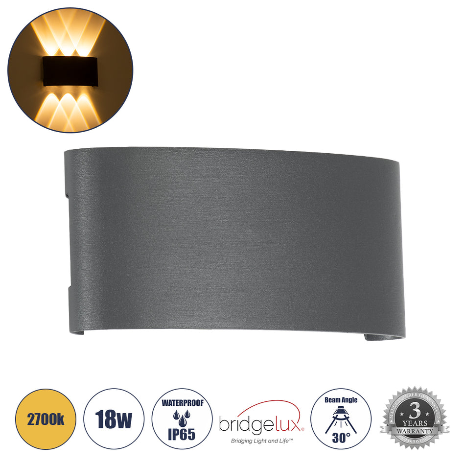 kelvo® SIXOAD 60585 Μοντέρνο Φωτιστικό Τοίχου - Απλίκα LED 18W 1800lm 30° AC 220-240V Αδιάβροχο IP65 Θερμό Λευκό 2700K - CREE XPE Chip & TÜV SÜD Driver - Γκρι Ανθρακί Ματ - Μ17 x Π4 x Υ8cm - 5 Χρόνια Εγγύηση
