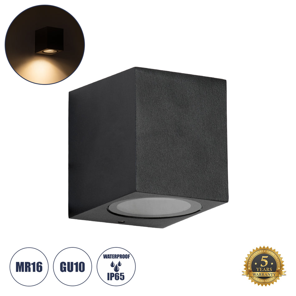 kelvo® BURANO 60613 Μοντέρνο Φωτιστικό Τοίχου - Απλίκα για Λάμπα MR16 με Ντουί 1 x GU10 AC 220-240V Αδιάβροχο IP65 - Μαύρο Ματ - Μ8 x Π8 x Υ7cm