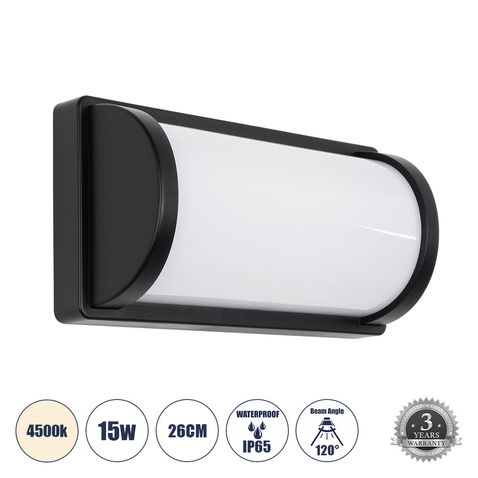 GLOBOSTAR® CELESTIAL 60696 Μοντέρνο Φωτιστικό Τοίχου - Απλίκα LED 15W 1575lm 120° AC 220-240V Αδιάβροχο IP65 Φυσικό Λευκό 4500K - Bridgelux SMD Chip - Μαύρο Ματ - Μ26 x Π9 x Υ13.5cm - 3 Χρόνια Εγγύηση