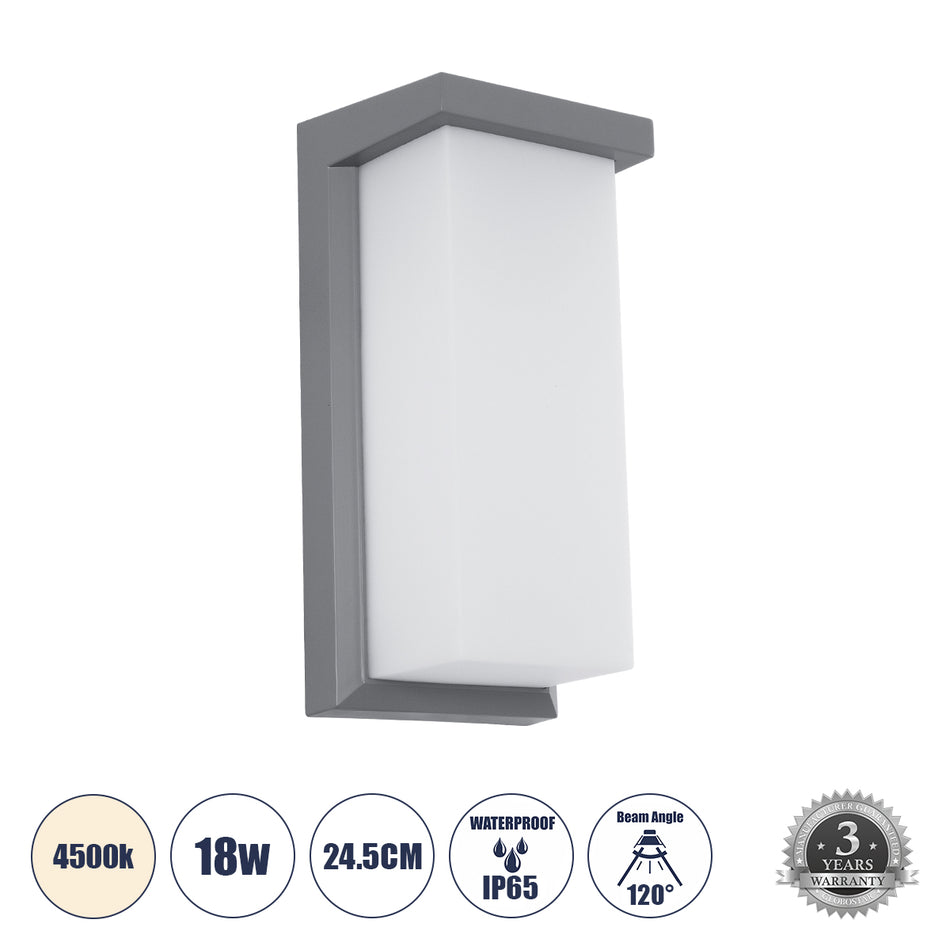 GLOBOSTAR® LOFT 60759 Μοντέρνο Φωτιστικό Τοίχου - Απλίκα LED 18W 1890lm 120° AC 220-240V Αδιάβροχο IP65 Φυσικό Λευκό 4500K - Bridgelux SMD Chip - Γκρι Ματ - Μ24.5 x Π11 x Υ9.5cm - 3 Χρόνια Εγγύηση