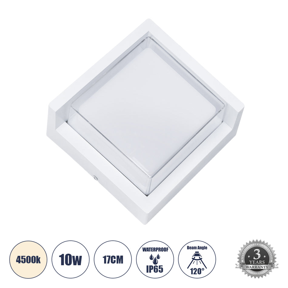 GLOBOSTAR® APEX 60772 Μοντέρνο Φωτιστικό Τοίχου - Απλίκα LED 10W 1050lm 120° AC 220-240V Αδιάβροχο IP65 Φυσικό Λευκό 4500K - Bridgelux SMD Chip - Λευκό Ματ - Μ17 x Π17 x Υ9cm - 3 Χρόνια Εγγύηση