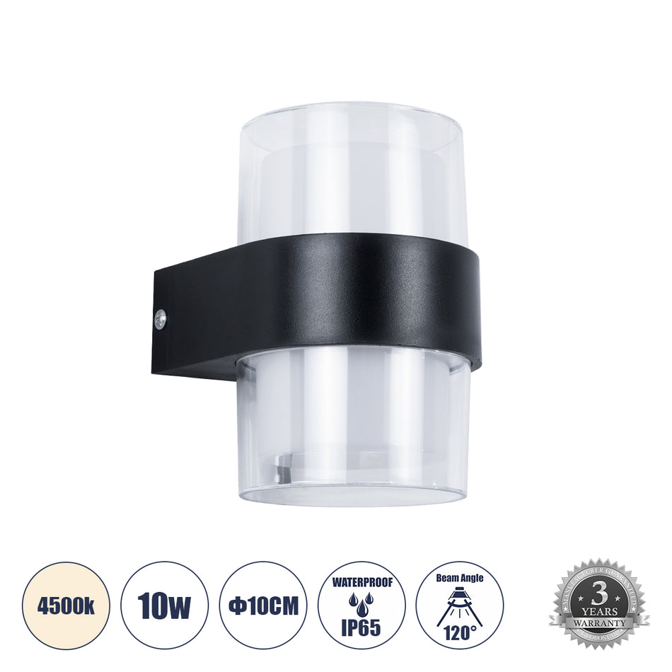 GLOBOSTAR® EMPIRE 60776 Μοντέρνο Φωτιστικό Τοίχου - Απλίκα LED 10W 1050lm 120° AC 220-240V Αδιάβροχο IP65 Φυσικό Λευκό 4500K - Bridgelux SMD Chip & TÜV SÜD Driver - Διάφανο & Μαύρο Ματ - M10 x Π11 x Υ13.5cm - 3 Χρόνια Εγγύηση