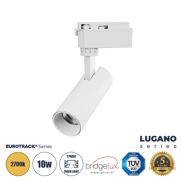 LUGANO Einphasige LED-Schienenleuchte 10 W 1200 lm 36° Acryl HQ-LINSE AC 220-240 V IP20 Φ4,5 x H19 cm Warmweiß 2700 K – EUROTRACK®-System 1L+1N – Weiß – Bridgelux-Chip – TÜV-zertifizierter Treiber – 5 Jahre Garantie