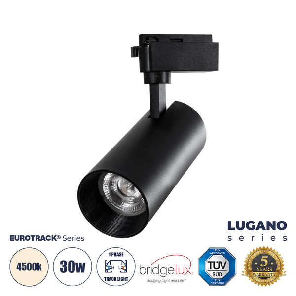 LUGANO Einphasige LED-Schienenleuchte 30 W 3750 lm 36° Acryl HQ-LINSE AC 220-240 V IP20 Φ7,5 x H22,7 cm Naturweiß 4500 K – EUROTRACK®-System 1L+1N – Schwarz – Bridgelux-Chip – TÜV-zertifizierter Treiber – 5 Jahre Garantie