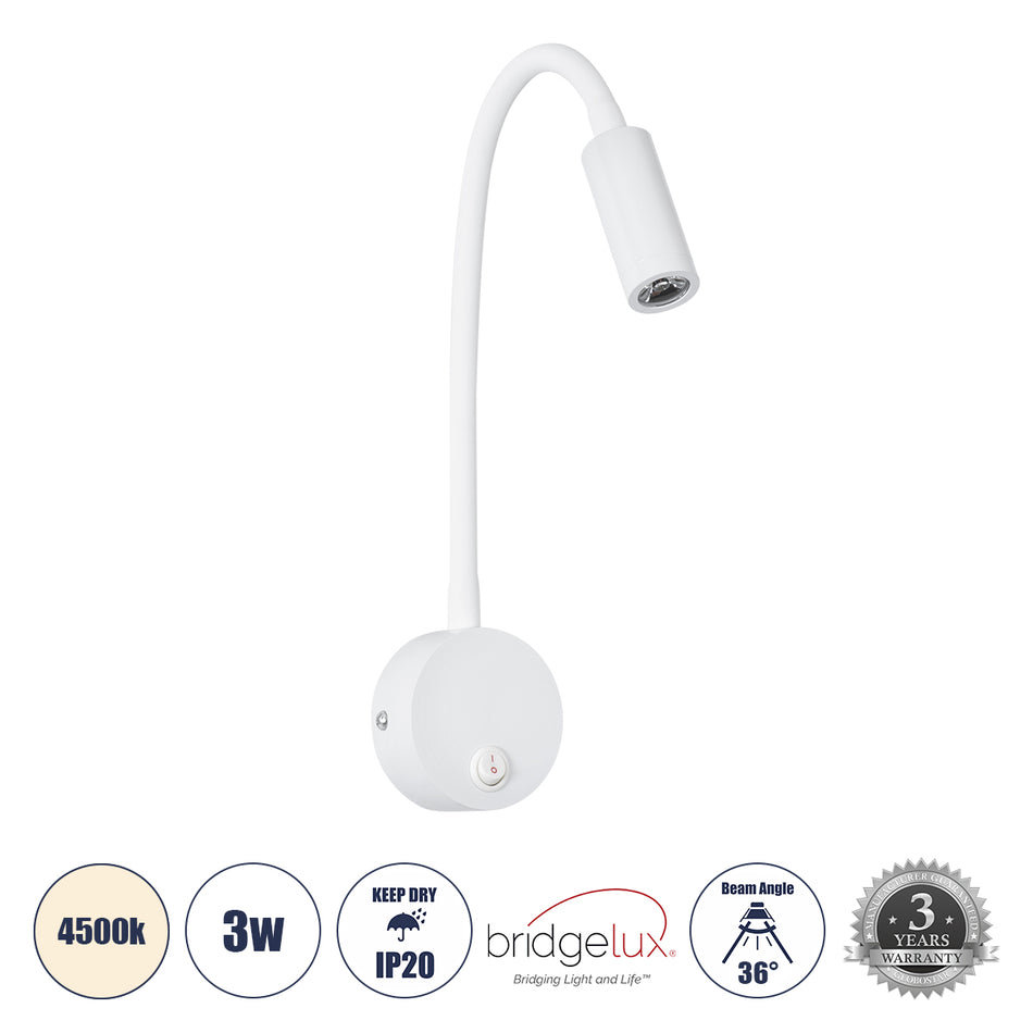 GLOBOSTAR® GOOSE 60876 Μοντέρνο Φωτιστικό Τοίχου - Απλίκα Ξενοδοχείου Reading Light LED 3W 300lm 36° AC 220-240V IP20 Φυσικό Λευκό 4500K - CREE XPE Chip & TÜV SÜD Driver - Λευκό Ματ - Μ6.5 x Π15 x Υ24.5cm - 3 Χρόνια Εγγύηση