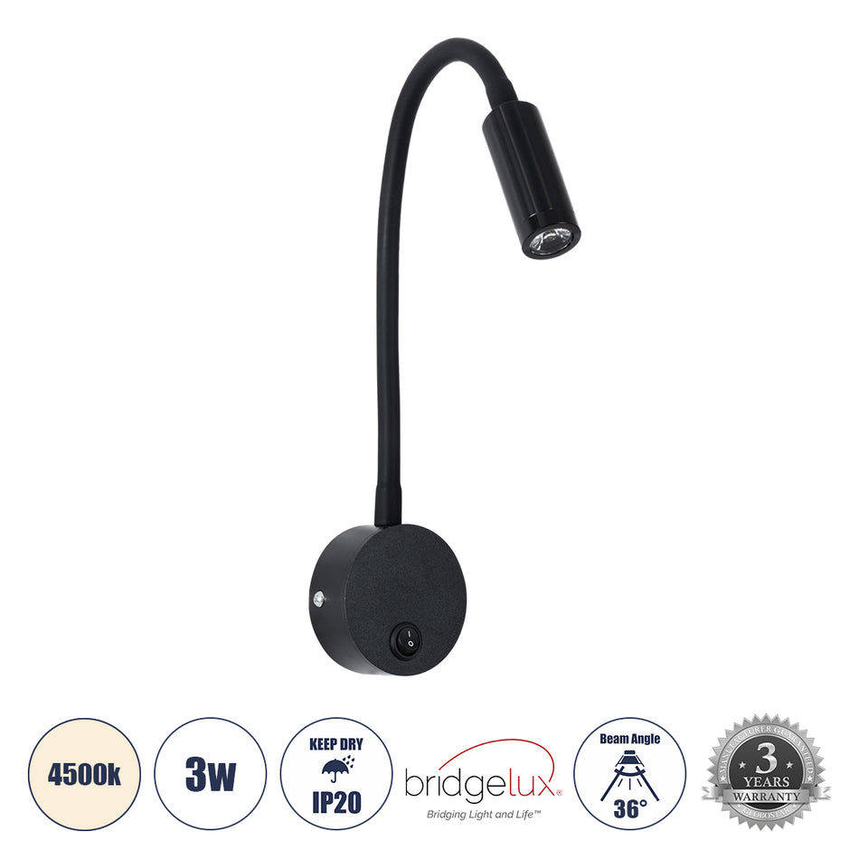 GLOBOSTAR® GOOSE 60878 Μοντέρνο Φωτιστικό Τοίχου - Απλίκα Ξενοδοχείου Reading Light LED 3W 300lm 36° AC 220-240V IP20 Φυσικό Λευκό 4500K - CREE XPE Chip & TÜV SÜD Driver - Μαύρο Ματ - Μ6.5 x Π15 x Υ24.5cm - 3 Χρόνια Εγγύηση