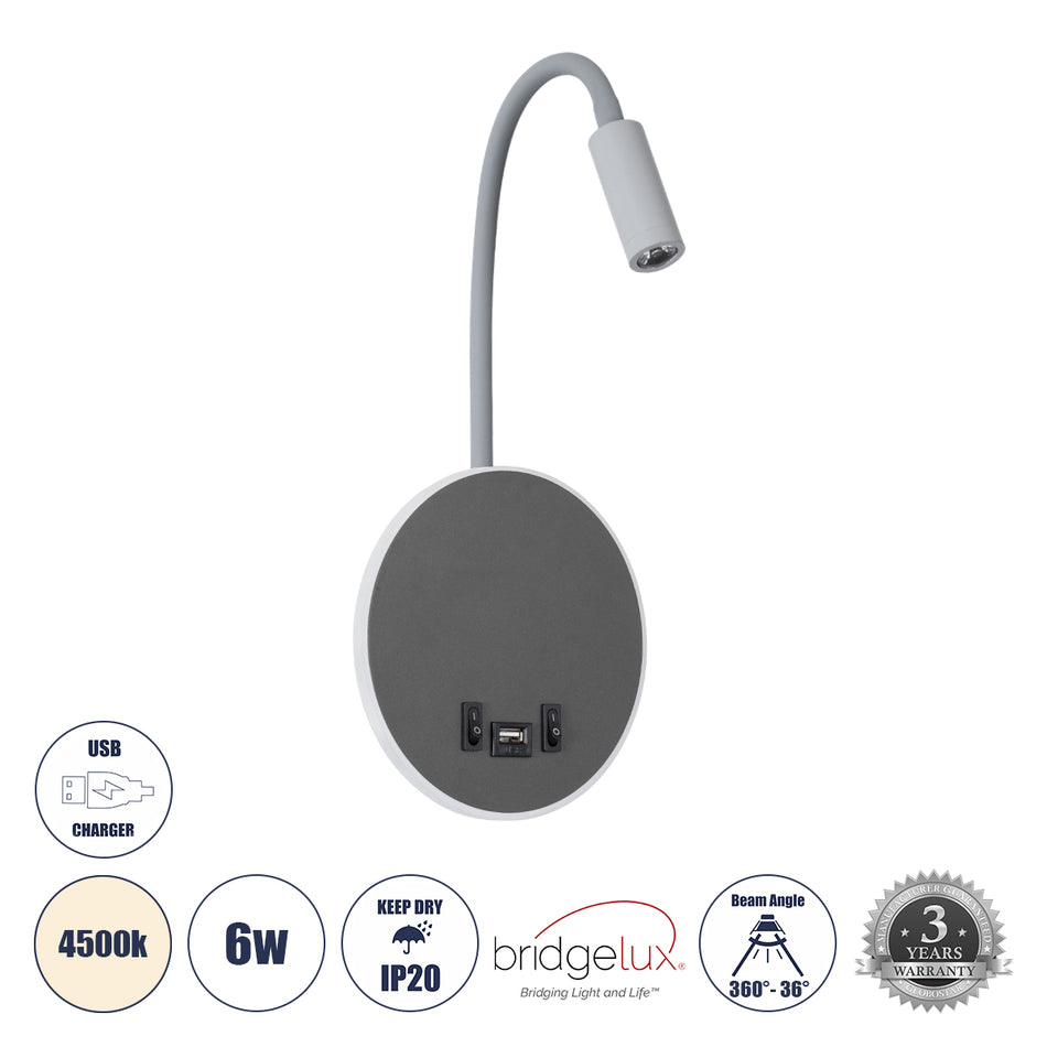 GLOBOSTAR® GOOSE 60882 Μοντέρνο Φωτιστικό Τοίχου - Απλίκα Ξενοδοχείου Reading Light με Φορτιστή USB 3A LED 6W 600lm 36° & 360° AC 220-240V IP20 Φυσικό Λευκό 4500K - CREE XPE & Lumileds SMD Chip & TÜV SÜD Driver - Γκρι Ανθρακί Ματ - Μ15.5 x Π15 x Υ30.5c...