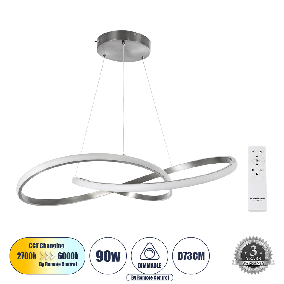 GLOBOSTAR® DEXTER 60915 Μοντέρνο Κρεμαστό Φωτιστικό Οροφής LED 90W 10080lm 300° AC 220-240V IP20 Ρυθμιζόμενο Λευκό CCT με Χειριστήριο από 2700K έως 6000K Dimmable - Lumileds SMD Chip - Νίκελ Βούρτσας - Μ73 x Π73 x Υ16cm - 3 Χρόνια Εγγύηση