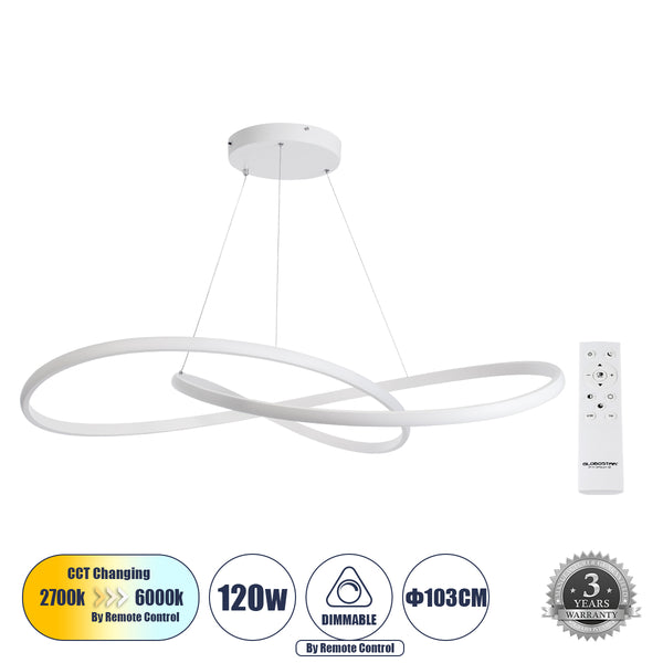 DEXTER 60918 Κρεμαστό Φωτιστικό Οροφής Design LED CCT 120W 13440lm 300° AC 220-240V - Εναλλαγή Φωτισμού μέσω Τηλεχειριστηρίου All In One Ψυχρό 6000k+Φυσικό 4500k+Θερμό 2700k Dimmable Φ103cm - Λευκό - 3 Years Warranty