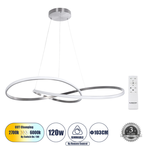 DEXTER 60919 Κρεμαστό Φωτιστικό Οροφής Design LED CCT 120W 13440lm 300° AC 220-240V - Εναλλαγή Φωτισμού μέσω Τηλεχειριστηρίου All In One Ψυχρό 6000k+Φυσικό 4500k+Θερμό 2700k Dimmable Φ103cm - Νίκελ Βούρτσας - 3 Years Warranty