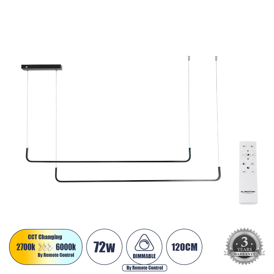 GLOBOSTAR® LINARIA DUO 60924 Μοντέρνο Κρεμαστό Φωτιστικό Οροφής LED 72W 8300lm 200° AC 220-240V IP20 Ρυθμιζόμενο Λευκό CCT με Χειριστήριο από 2700K έως 6000K Dimmable - Lumileds SMD Chip - Μαύρο Ματ - Μ220 x Π4 x Υ25cm - 3 Χρόνια Εγγύηση