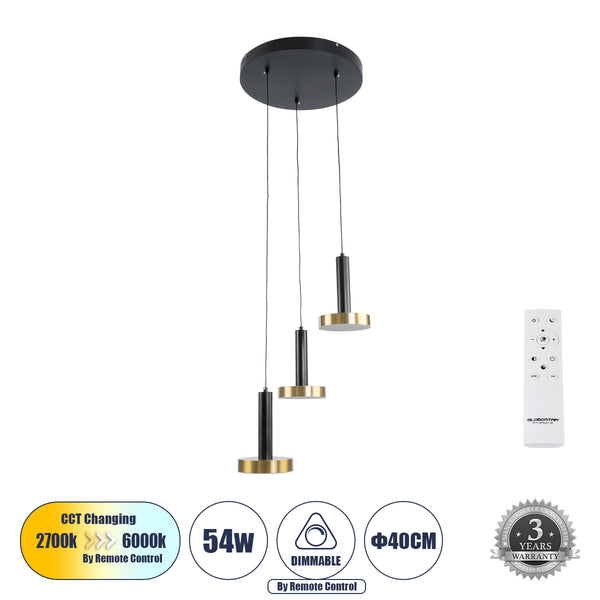 ZANE 60934 Κρεμαστό Φωτιστικό Design LED CCT 54W 6048lm 120° AC 220-240V IP20 - Εναλλαγή Φωτισμού μέσω Τηλεχειριστηρίου All In One Ψυχρό 6000k+Φυσικό 4500k+Θερμό 2700k Dimmable - Φ40 x Υ20cm - Μαύρο & Χρυσό - 3 Χρόνια Εγγύηση