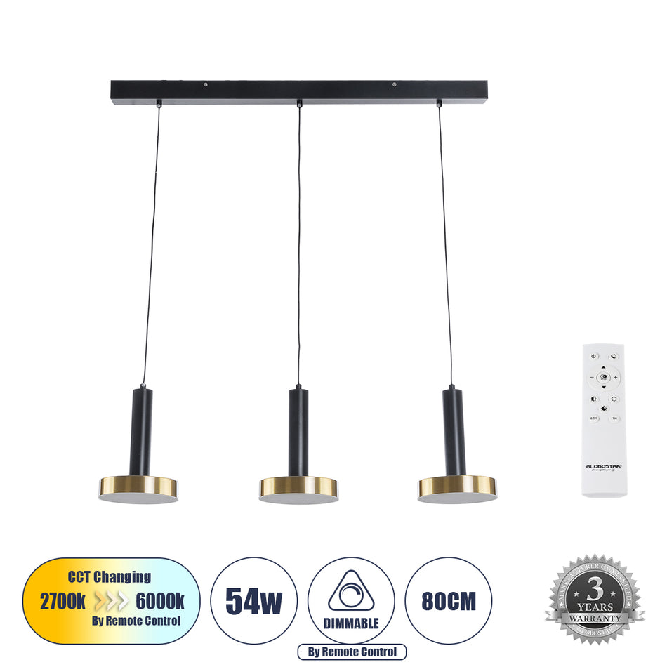 GLOBOSTAR® ZANE 60936 Μοντέρνο Κρεμαστό Φωτιστικό Οροφής LED 54W 6048lm 120° AC 220-240V IP20 Ρυθμιζόμενο Λευκό CCT με Χειριστήριο από 2700K έως 6000K Dimmable - Lumileds SMD Chip - Μαύρο Ματ & Χρυσό - Μ80 x Π15 x Υ20cm - 3 Χρόνια Εγγύηση