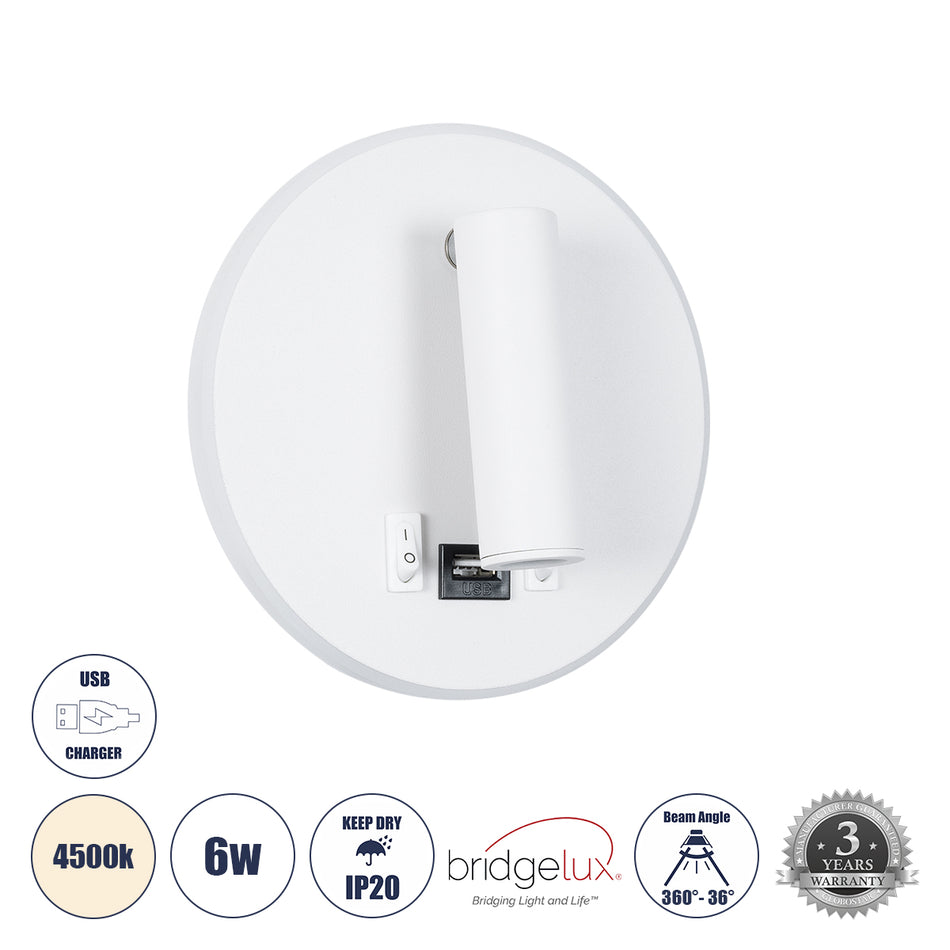 GLOBOSTAR® LADY-R 60939 Μοντέρνο Φωτιστικό Τοίχου - Απλίκα Ξενοδοχείου Reading Light με Φορτιστή USB 3A LED 6W 600lm 36° & 360° AC 220-240V IP20 Φυσικό Λευκό 4500K - Bridgelux COB & TÜV SÜD Driver - Λευκό Ματ - Μ15 x Π15 x Υ17cm - 3 Χρόνια Εγγύηση