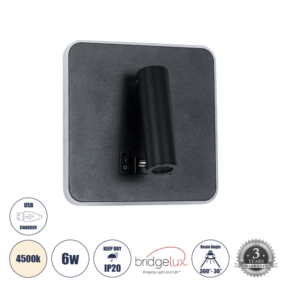 GLOBOSTAR® LADY-S 60942 Μοντέρνο Φωτιστικό Τοίχου - Απλίκα Ξενοδοχείου Reading Light με Φορτιστή USB 3A LED 6W 600lm 36° & 360° AC 220-240V IP20 Φυσικό Λευκό 4500K - Bridgelux COB Chip & TÜV SÜD Driver - Μαύρο Ματ - Μ15 x Π15 x Υ7cm - 3 Χρόνια Εγγύηση
