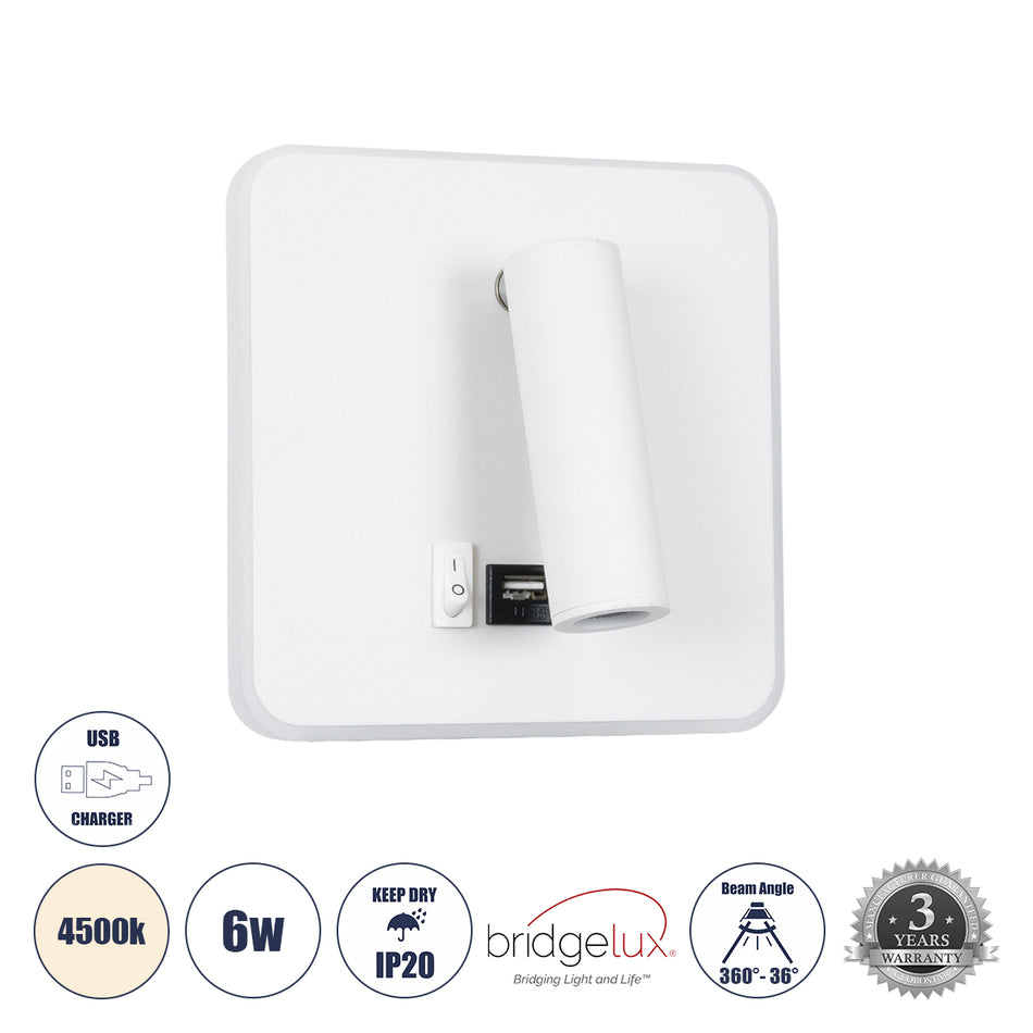 GLOBOSTAR® LADY-S 60943 Μοντέρνο Φωτιστικό Τοίχου - Απλίκα Ξενοδοχείου Reading Light με Φορτιστή USB 3A LED 6W 600lm 36° & 360° AC 220-240V IP20 Φυσικό Λευκό 4500K - Bridgelux COB Chip & TÜV SÜD Driver - Λευκό Ματ - Μ15 x Π15 x Υ7cm - 3 Χρόνια Εγγύηση