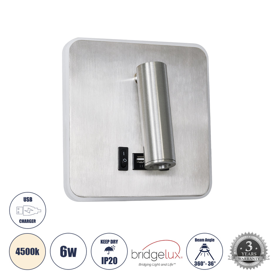 GLOBOSTAR® LADY-S 60945 Μοντέρνο Φωτιστικό Τοίχου - Απλίκα Ξενοδοχείου Reading Light με Φορτιστή USB 3A LED 6W 600lm 36° & 360° AC 220-240V IP20 Φυσικό Λευκό 4500K - Bridgelux COB Chip & TÜV SÜD Driver - Νίκελ Βούρτσας - Μ15 x Π15 x Υ7cm - 3 Χρόνια Εγγ...