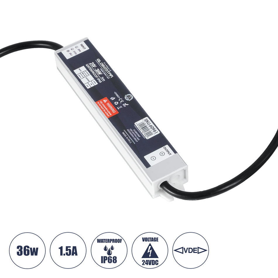 GLOBOSTAR® LUMISPLASH 60961 Τροφοδοτικό/Μετασχηματιστής Class II SELV 36W 1.5A DC 24V Αδιάβροχο IP68 - AC 220-240V σε DC 24V - Μ17 x Π3 x Υ2cm - 3 Χρόνια Εγγύηση