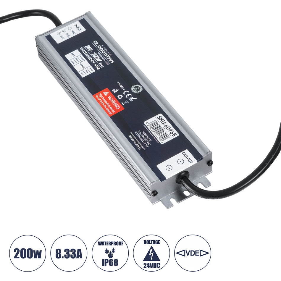 GLOBOSTAR® LUMISPLASH 60965 Τροφοδοτικό/Μετασχηματιστής Class II SELV 200W 8.33A DC 24V Αδιάβροχο IP68 - AC 220-240V σε DC 24V - Μ21.5 x Π5.5 x Υ2.5cm - 3 Χρόνια Εγγύηση