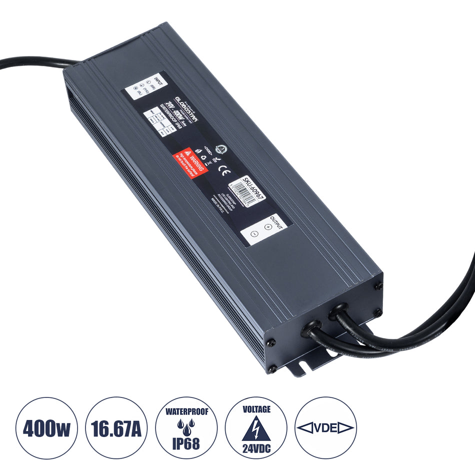 GLOBOSTAR® LUMISPLASH 60967 Τροφοδοτικό/Μετασχηματιστής Class II SELV 400W 16.67A DC 24V Αδιάβροχο IP68 - AC 220-240V σε DC 24V - M25.5 x W7.5 x H4cm - 3 Χρόνια Εγγύηση