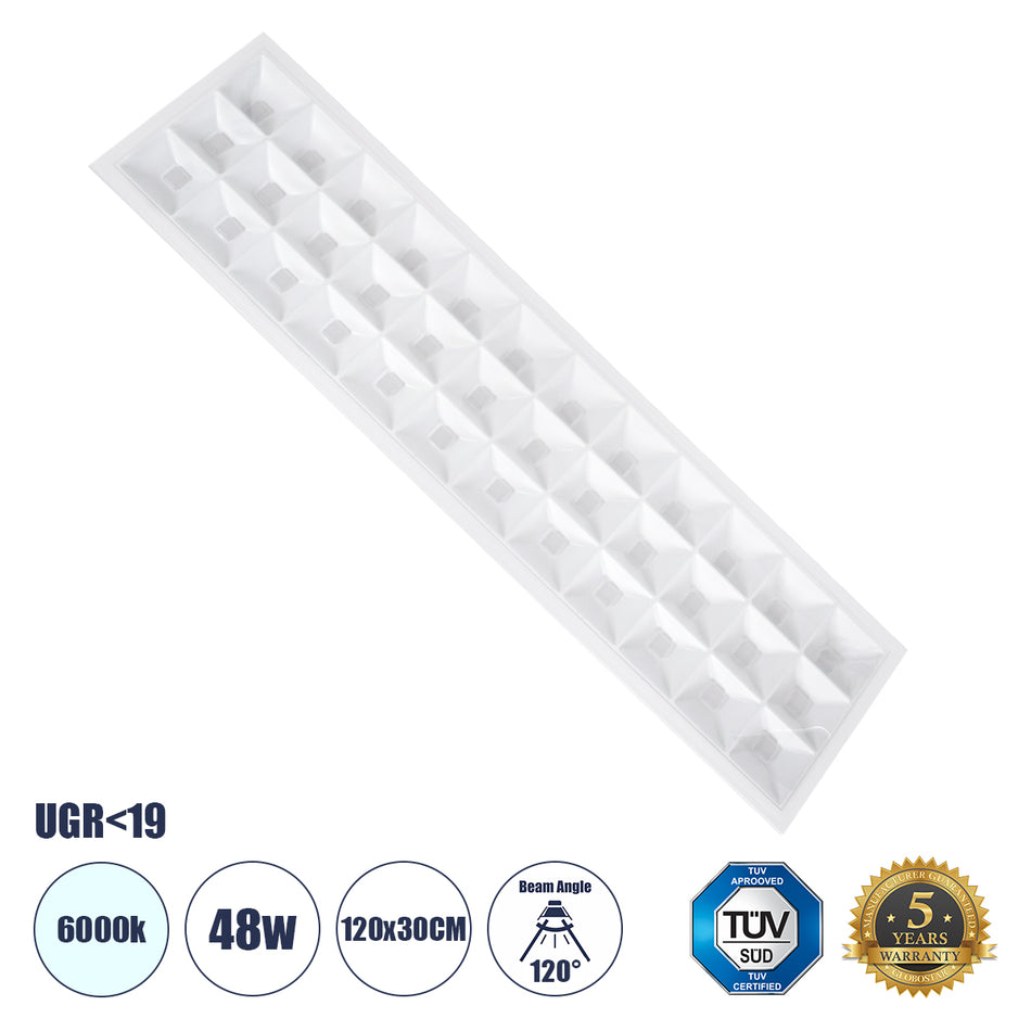 GLOBOSTAR® ZEUS 60971 Χωνευτό Panel Οροφής 120x30 με Anti Glare Reflector LED 48W 7440lm 120° CRI≥85Ra UGR<19 AC 220-240V IP20 Ψυχρό Λευκό 6000K - Lumileds SMD Chip & TÜV SÜD Driver - Λευκό Γαλακτερό - Μ120 x Π30 x Υ3.3cm / Q116 x 26cm - 5 Χρόνια Εγγύηση