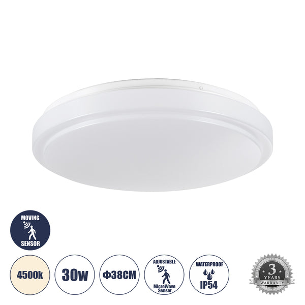 SENSORANO 60995 LED-Deckenleuchte, 30 W, 3000 lm, 120 ° AC, 220–240 V, mit integriertem, einstellbarem Mikrowellen-Bewegungssensorsystem – wasserdicht IP54 – Bridgelux-Chips – 3 Jahre Garantie