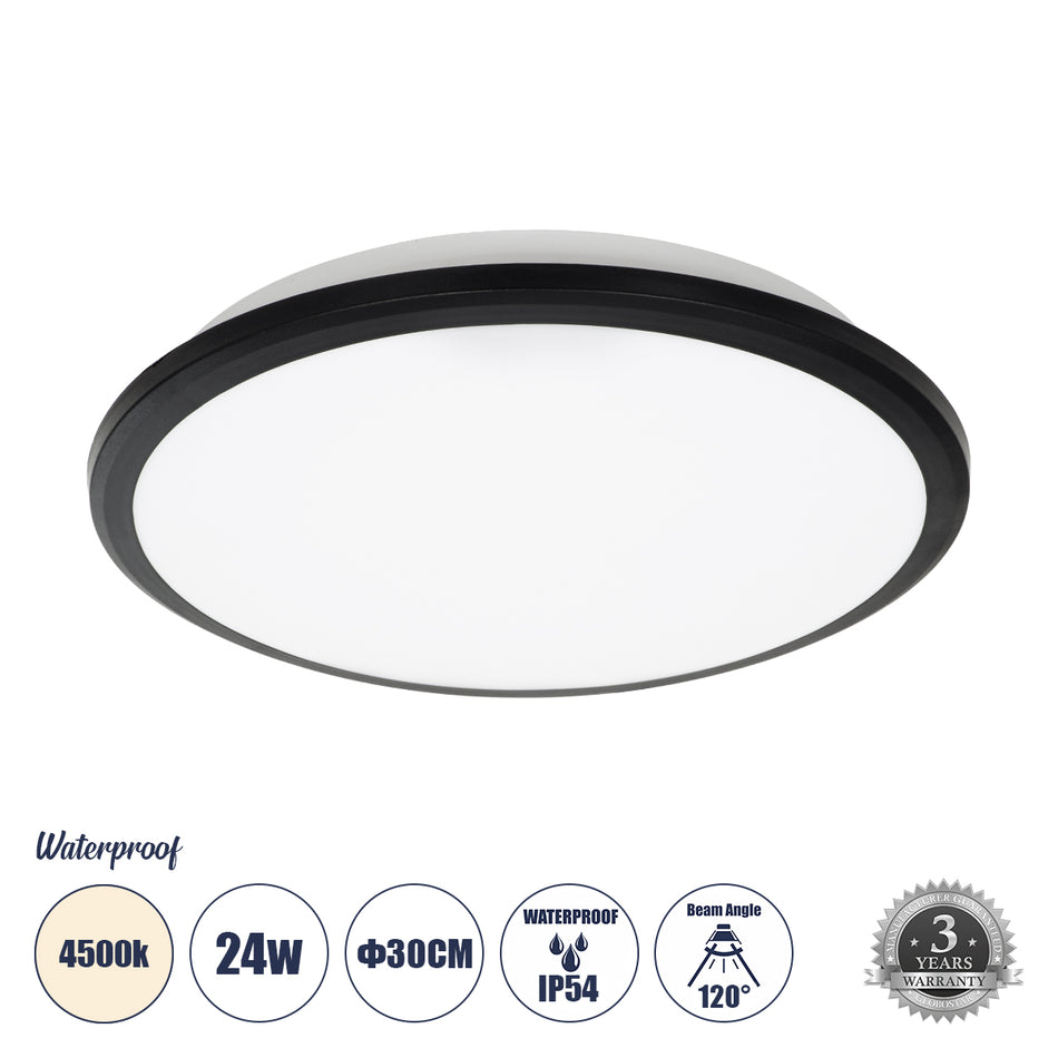 GLOBOSTAR® TUFFIN 60997 Φωτιστικό Πλαφονιέρα Οροφής LED 24W 2640lm 120° AC 220-240V Αδιάβροχο IP54 Φυσικό Λευκό 4500K - Lumileds SMD Chip - Μαύρο Ματ & Λευκό Γαλακτερό - Μ30 x Π30 x Υ6.5cm - 3 Χρόνια Εγγύηση