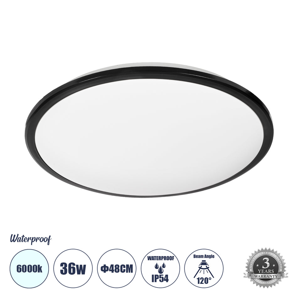 GLOBOSTAR® TUFFIN 60998 Φωτιστικό Πλαφονιέρα Οροφής LED 36W 4140lm 120° AC 220-240V Αδιάβροχο IP54 Ψυχρό Λευκό 6000K - Lumileds SMD Chip - Μαύρο Ματ & Λευκό Γαλακτερό - Μ48 x Π48 x Υ6.5cm - 3 Χρόνια Εγγύηση