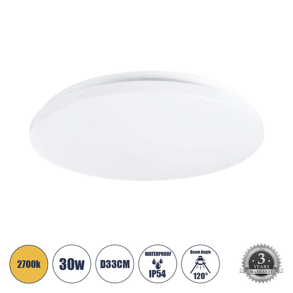 GLOBOSTAR® CELANO 61010 Φωτιστικό Πλαφονιέρα Οροφής LED 30W 2700lm 120° AC 220-240V Αδιάβροχο IP54 Θερμό Λευκό 2700K - Lumileds SMD Chip - Λευκό Γαλακτερό - Μ33 x Π33 x Υ6cm - 3 Χρόνια Εγγύηση