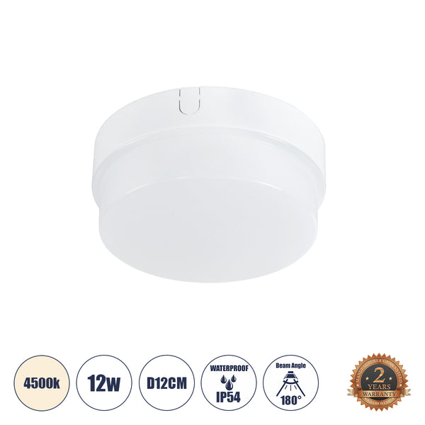 REVANO 61012 LED Πλαφονιέρα Οροφής Στρόγγυλη Φ12 12W 1140lm 180° AC 220-240V Αδιάβροχη IP54 Φ12 x Υ4.5cm Φυσικό Λευκό 4500K - 2 Χρόνια Εγγύηση