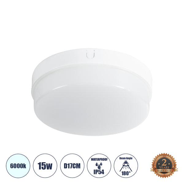 REVANO 61014 LED Πλαφονιέρα Οροφής Στρόγγυλη Φ17 15W 1500lm 180° AC 220-240V Αδιάβροχη IP54 Φ17 x Υ5cm Ψυχρό Λευκό 6000K - 2 Χρόνια Εγγύηση