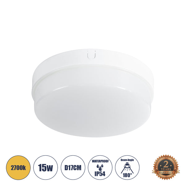 REVANO 61016 LED Πλαφονιέρα Οροφής Στρόγγυλη Φ17 15W 1350lm 180° AC 220-240V Αδιάβροχη IP54 Φ17 x Υ5cm Θερμό Λευκό 2700K - 2 Χρόνια Εγγύηση