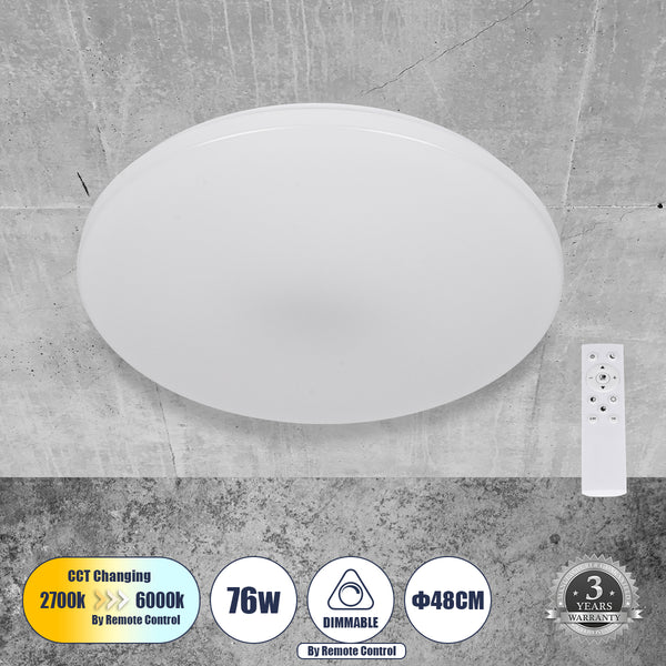 AVA 61017 Πλαφονιέρα Οροφής LED CCT 76W 8372lm 120° AC 220-240V - Εναλλαγή Φωτισμού μέσω Τηλεχειριστηρίου All In One Ψυχρό Λευκό 6000k+Φυσικό Λευκό 4500k+Θερμό Λευκό 2700k Dimmable Φ48cm - Λευκό - 3 Years Warranty