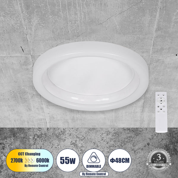 ARIANA 61035 Πλαφονιέρα Οροφής Κύκλος LED CCT 55W 6376lm 120° AC 220-240V - Εναλλαγή Φωτισμού μέσω Τηλεχειριστηρίου All In One Ψυχρό Λευκό 6000k+Φυσικό Λευκό 4500k+Θερμό Λευκό 2700k Dimmable Φ48cm - Λευκό - 3 Years Warranty