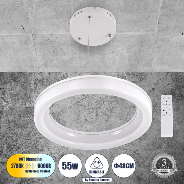 ARIANA 61038 Κρεμαστή Πλαφονιέρα Οροφής Κύκλος LED CCT 55W 6376lm 120° AC 220-240V - Εναλλαγή Φωτισμού μέσω Τηλεχειριστηρίου All In One Ψυχρό Λευκό 6000k+Φυσικό Λευκό 4500k+Θερμό Λευκό 2700k Dimmable Φ48cm - Λευκό - 3 Years Warranty