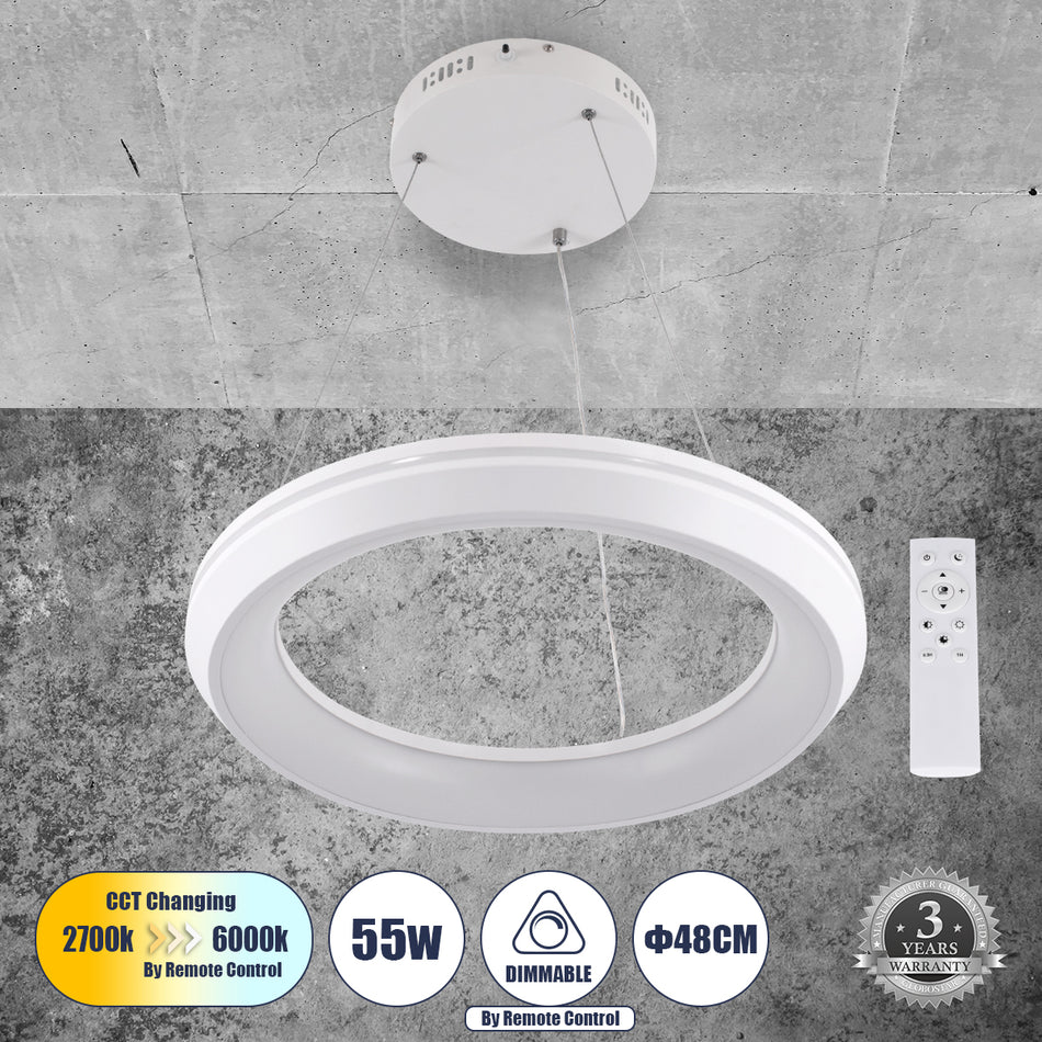 GLOBOSTAR® MELINA 61044 Μοντέρνο Κρεμαστό Φωτιστικό Οροφής LED 55W 6376lm 120° AC 220-240V IP20 Ρυθμιζόμενο Λευκό CCT με Χειριστήριο από 2700K έως 6000K Dimmable - Lumileds SMD Chip - Λευκό Ματ - Μ48 x Π48 x Υ6.5cm - 3 Χρόνια Εγγύηση
