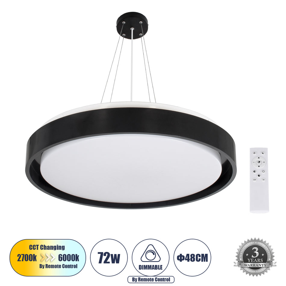 GLOBOSTAR® BARCHETTA 61046 Μοντέρνο Κρεμαστό Φωτιστικό Οροφής LED 72W 8306lm 120° AC 220-240V IP20 Ρυθμιζόμενο Λευκό CCT με Χειριστήριο από 2700K έως 6000K Dimmable - Lumileds SMD Chip - Μαύρο Ματ - Μ48 x Π48 x Υ8.2cm - 3 Χρόνια Εγγύηση