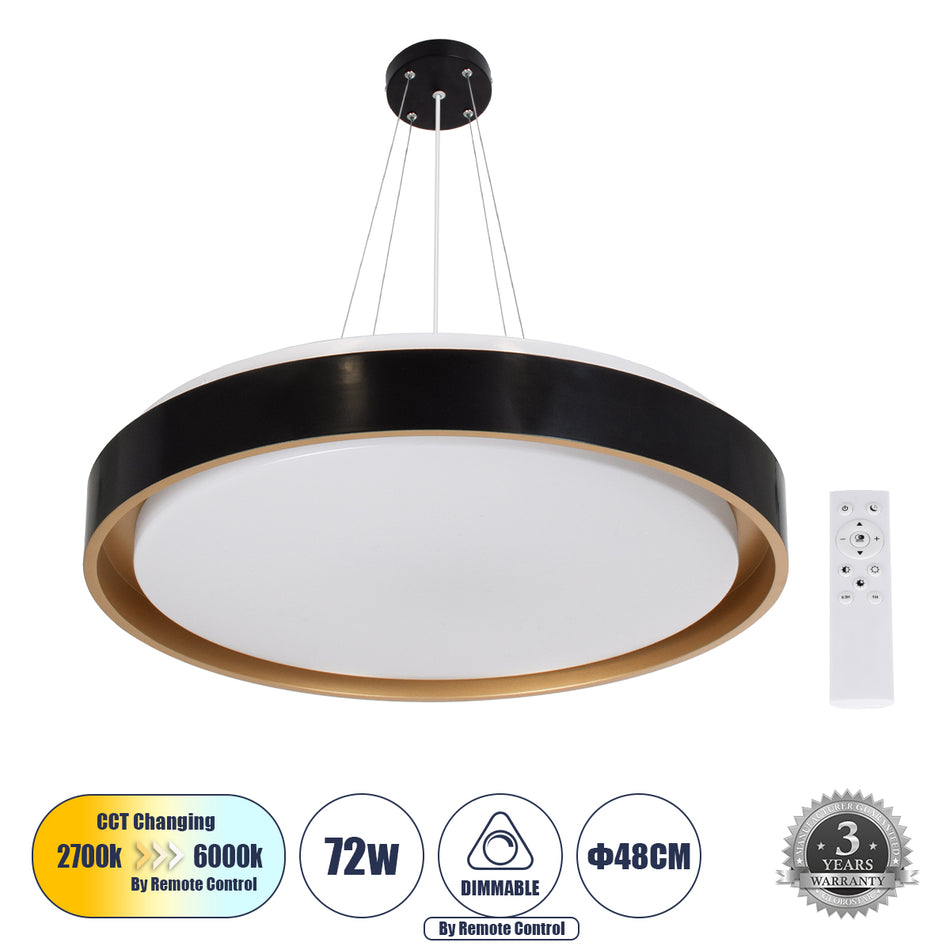 GLOBOSTAR® BARCHETTA 61047 Μοντέρνο Κρεμαστό Φωτιστικό Οροφής LED 72W 8306lm 120° AC 220-240V IP20 Ρυθμιζόμενο Λευκό CCT με Χειριστήριο από 2700K έως 6000K Dimmable - Lumileds SMD Chip - Μαύρο & Χρυσό Ματ - Μ48 x Π48 x Υ8.2cm - 3 Χρόνια Εγγύηση