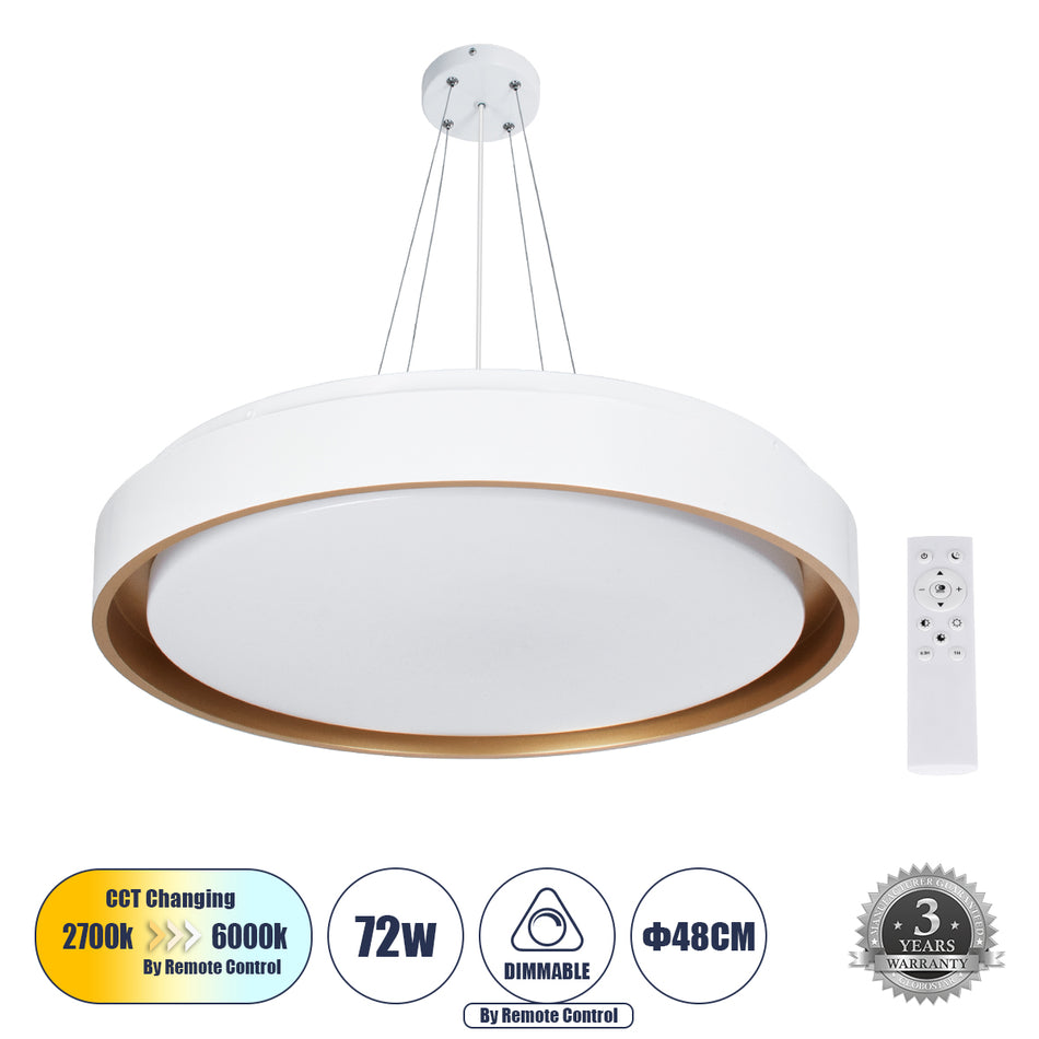 GLOBOSTAR® BARCHETTA 61048 Μοντέρνο Κρεμαστό Φωτιστικό Οροφής LED 72W 8306lm 120° AC 220-240V IP20 Ρυθμιζόμενο Λευκό CCT με Χειριστήριο από 2700K έως 6000K Dimmable - Lumileds SMD Chip - Λευκό & Χρυσό Ματ - Μ48 x Π48 x Υ8.2cm - 3 Χρόνια Εγγύηση