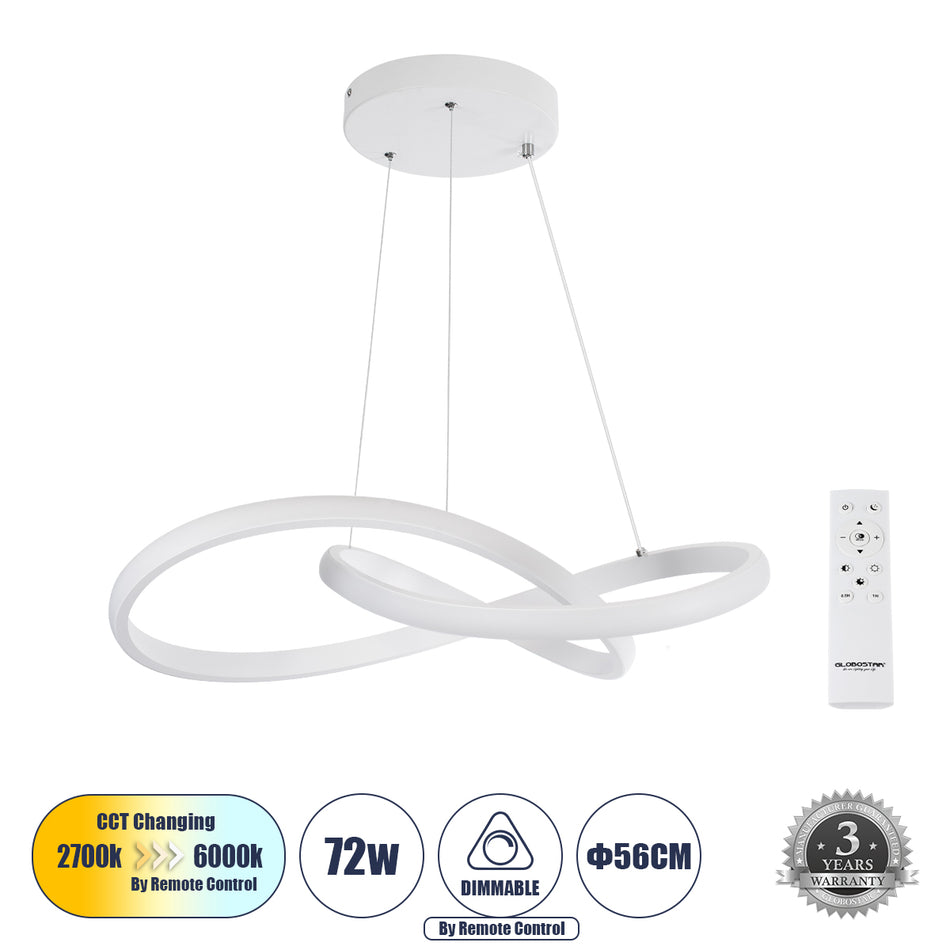 GLOBOSTAR® DEXTER 61050 Μοντέρνο Κρεμαστό Φωτιστικό Οροφής LED 72W 8064lm 300° AC 220-240V IP20 Ρυθμιζόμενο Λευκό CCT με Χειριστήριο από 2700K έως 6000K Dimmable - Lumileds SMD Chip - Λευκό Ματ - Μ56 x Π56 x Υ14cm - 3 Χρόνια Εγγύηση